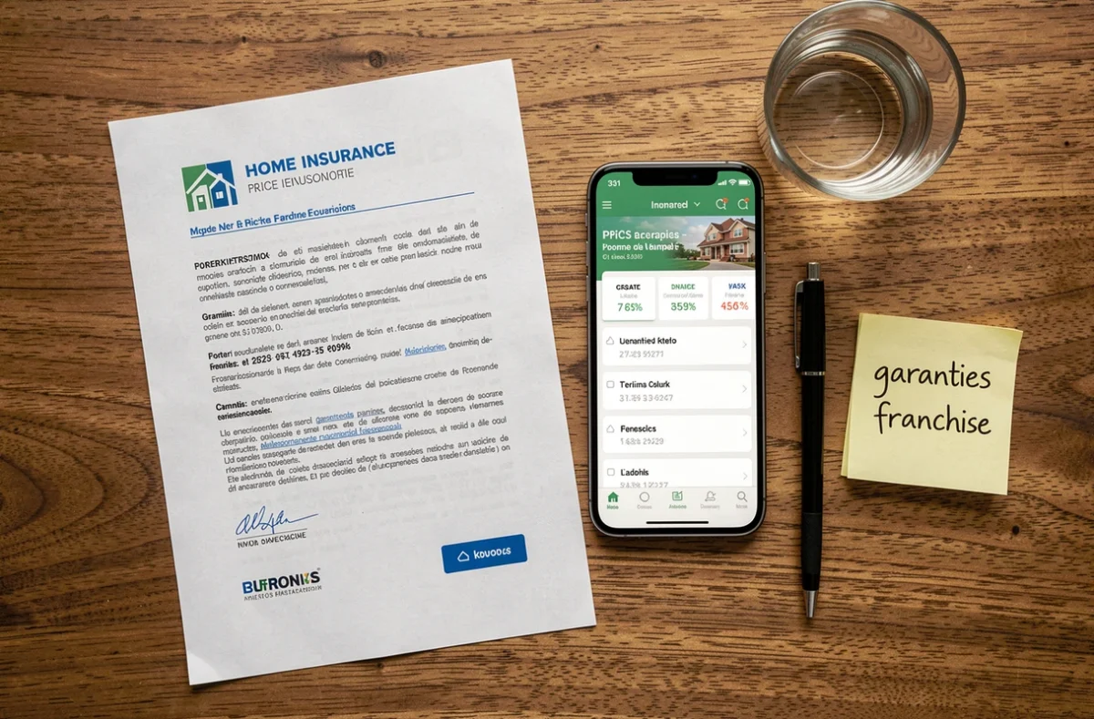 Vue de dessus d'un bureau avec documents d'assurance habitation et application de comparaison sur smartphone