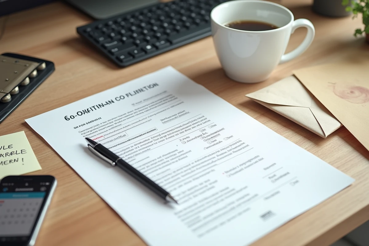 Vue en plongée d'un formulaire pré état daté avec échéances manuscrites et agenda sur un bureau en bois