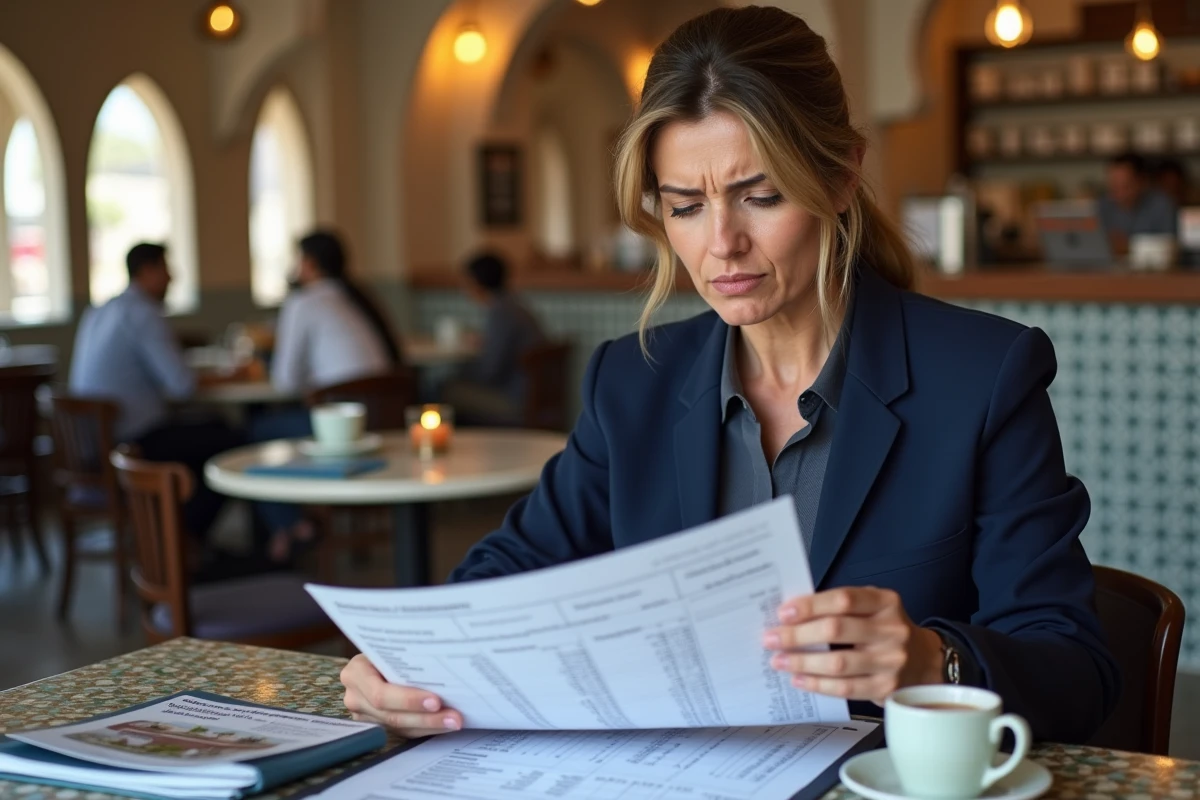 Une femme marocaine stressée analyse un tableau de calcul des frais d'acquisition et coûts cachés liés à l'achat d'un appartement