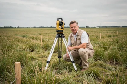 Géomètre mesurant une parcelle d'un acre dans un vaste champ agricole avec trépied de mesure professionnel