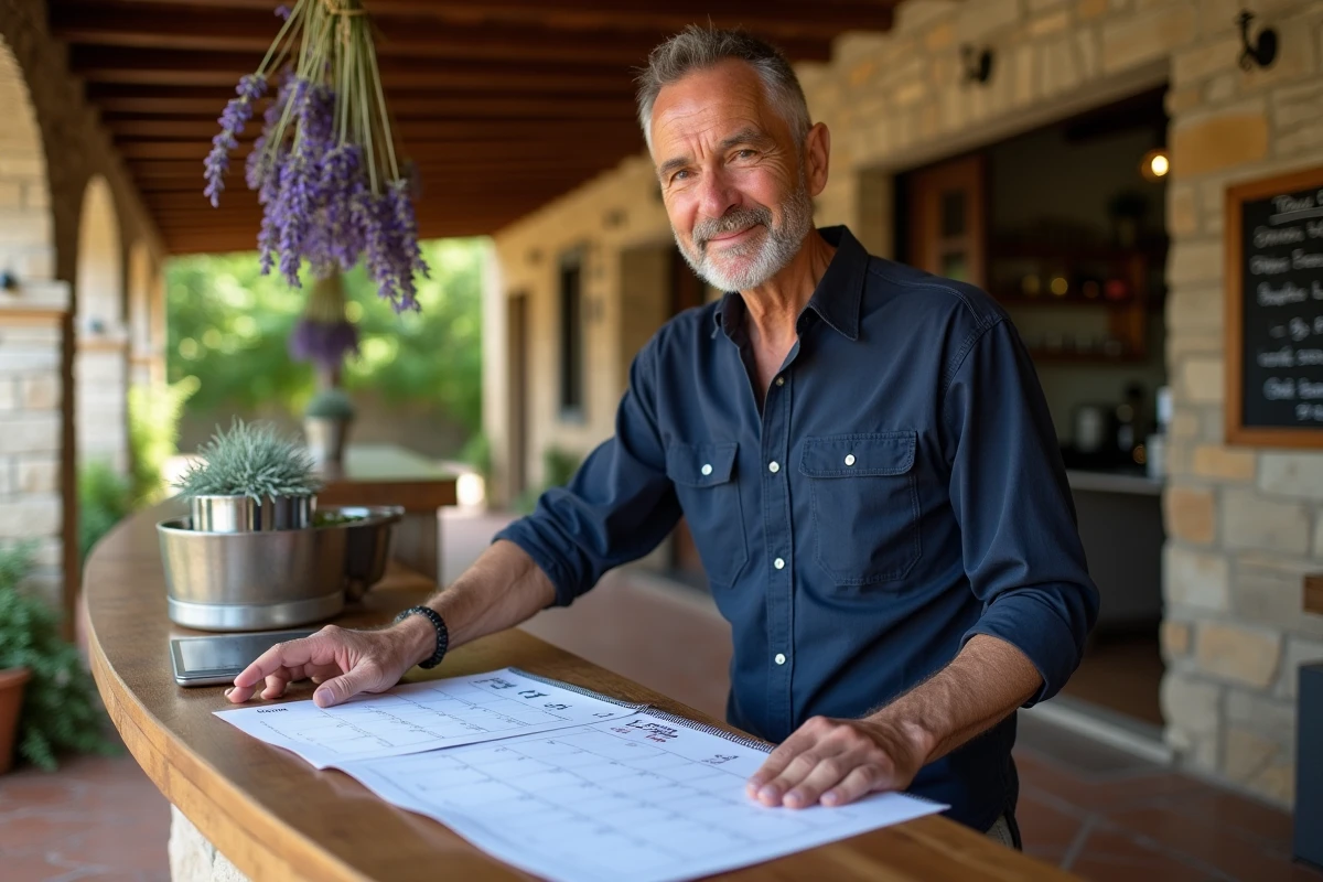 Gérant de gîte rural consultant un calendrier de réservations au bureau d'accueil de l'hébergement