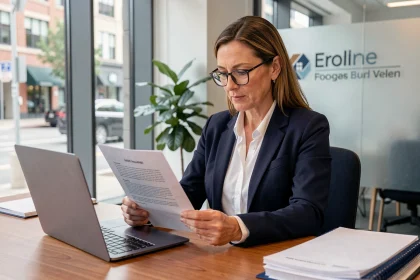Gestionnaire immobilière examinant un contrat d'assurance loyer impayé dans une agence moderne