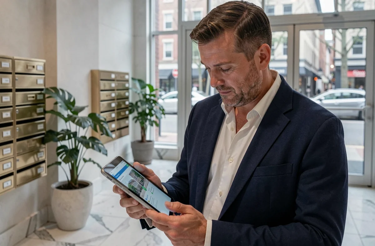 Gestionnaire de copropriété consultant une application de gestion immobilière sur tablette dans un hall d'immeuble
