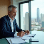 Gestionnaire immobilier homme en costume dans un bureau moderne