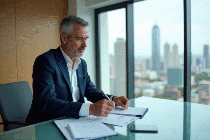 Gestionnaire immobilier homme en costume dans un bureau moderne