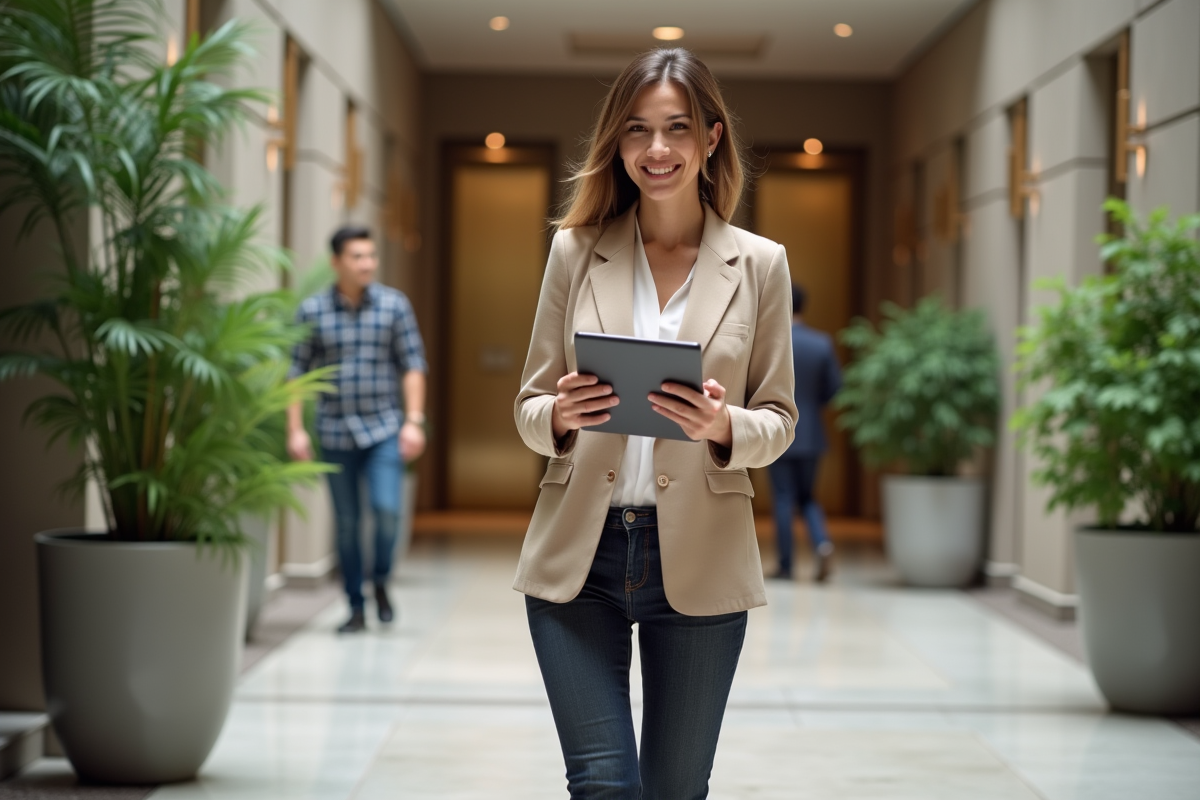 Jeune femme gestionnaire dans le hall d un immeuble moderne