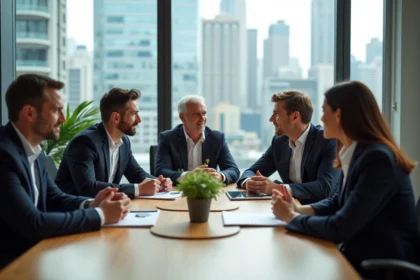 Groupe de professionnels autour d'une table en bureau moderne