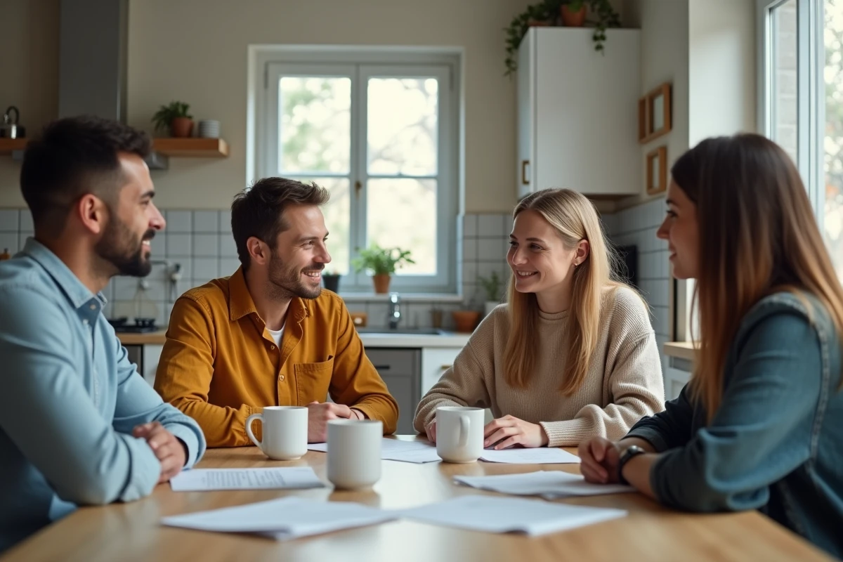 Groupe de quatre adultes discutant de contrats de logement dans une cuisine