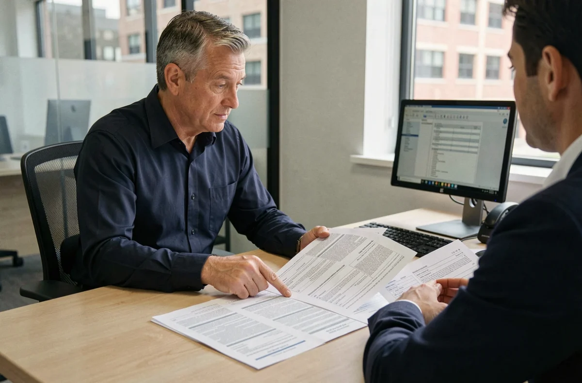 Homme examinant les clauses d'un contrat d'assurance loyer impayé avec un agent immobilier dans une agence