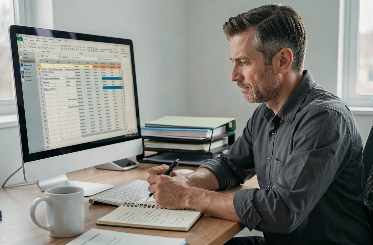 Homme analysant une comparaison d'assurances habitation sur un écran d'ordinateur au bureau