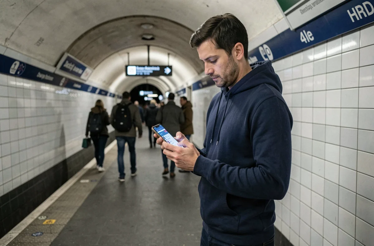 Homme consultant une annonce de logement sur mobile dans le métro parisien