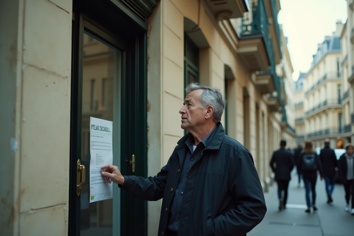Homme consultant une annonce de loyer affiché sur la porte d'un immeuble résidentiel parisien
