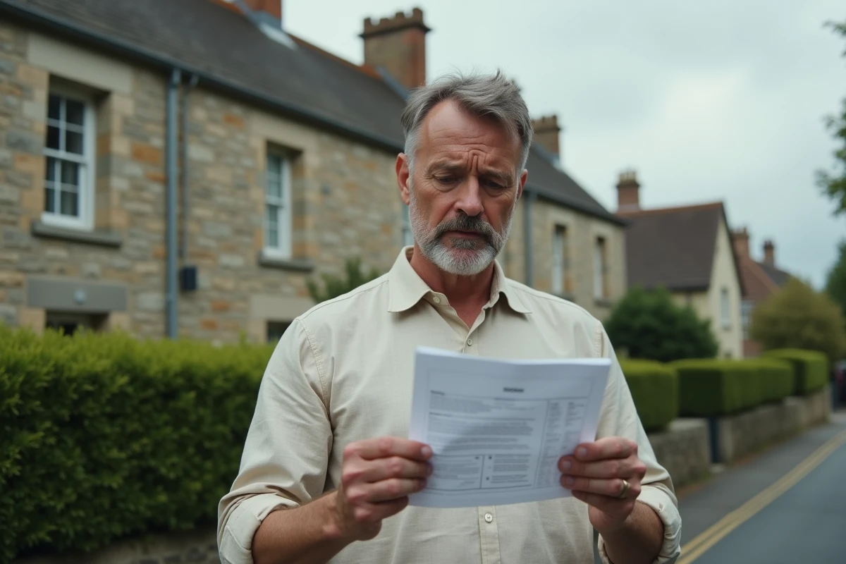 Homme tenant une annonce de location devant une maison normande en pierre en Seine-Maritime
