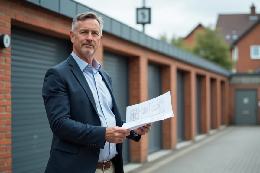 Homme d'affaires observant des garages modernes en milieu urbain