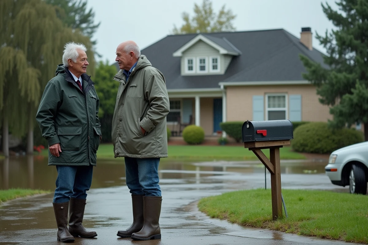 Homme et femme discutant devant maison inondée