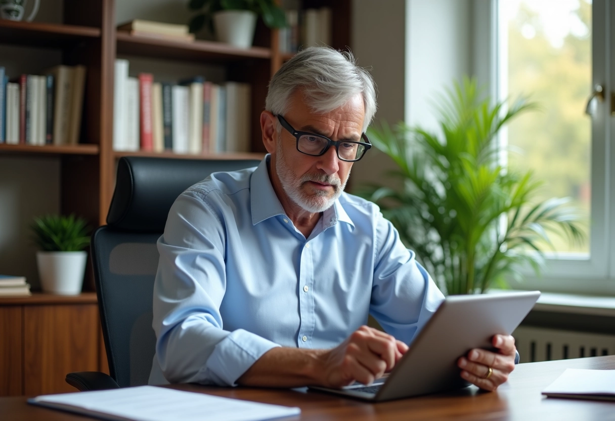 Homme d age réfléchissant dans un bureau à domicile avec un tablette