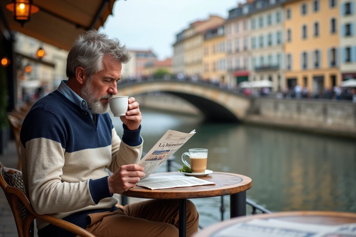 Homme au café près du pont à Bayonne