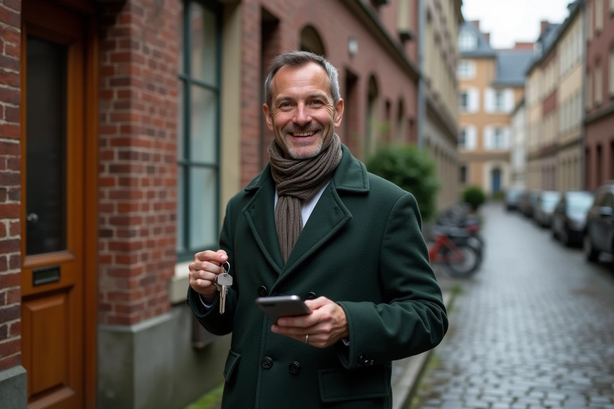 Homme avec clés et téléphone devant un immeuble en briques dans la rue