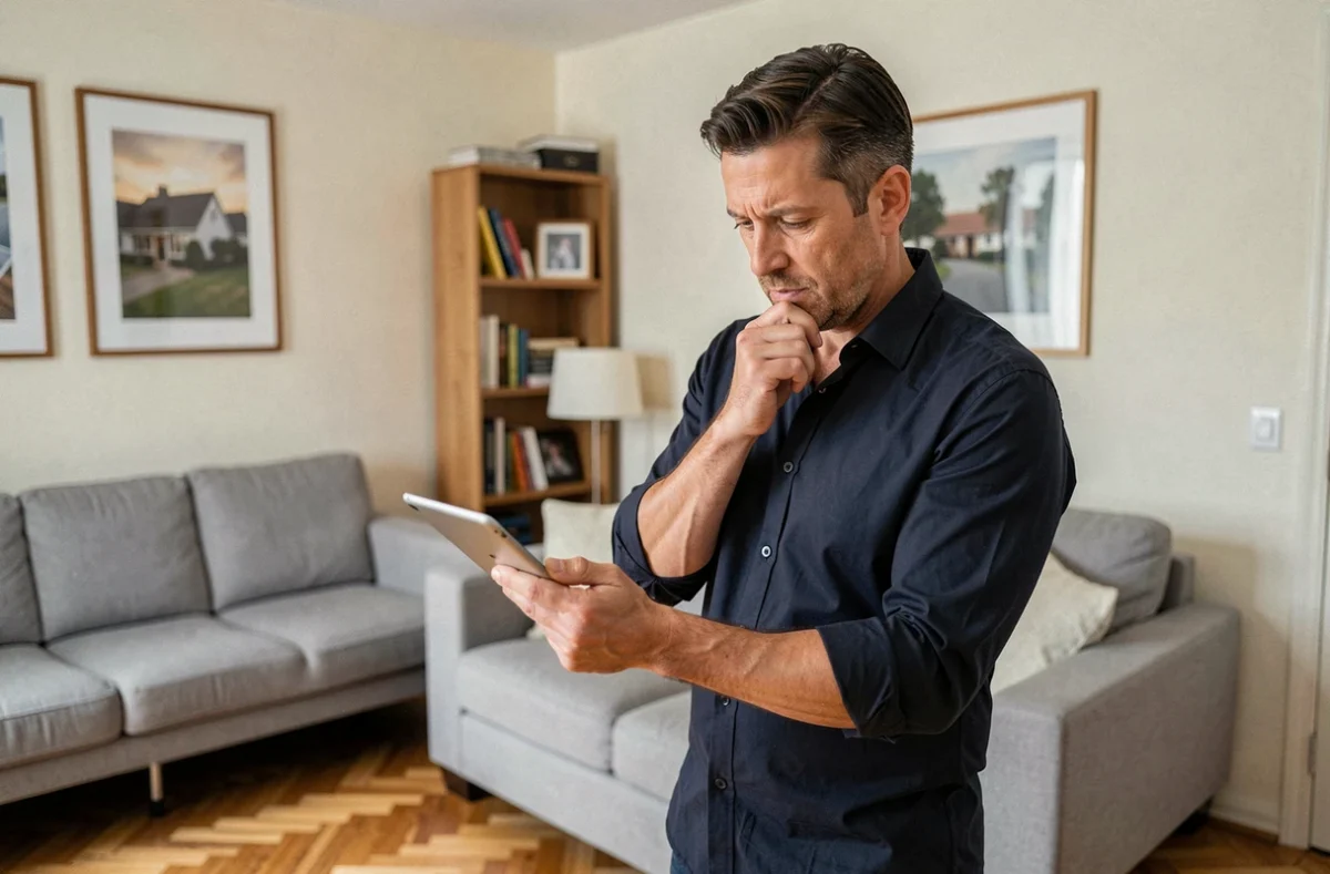 Homme comparant des devis d'assurance habitation sur une tablette dans un salon meublé