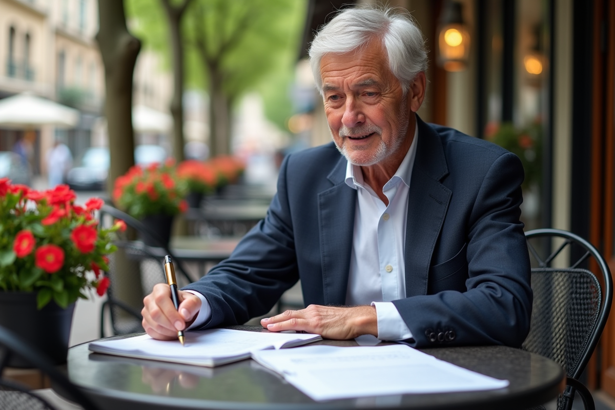 Homme senior examinant documents de vente immobilière en extérieur