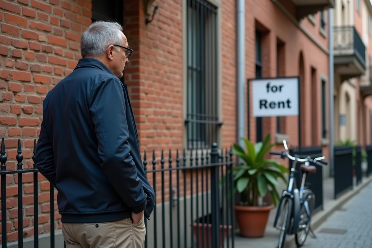 Homme examine une annonce de location devant un immeuble toulousain