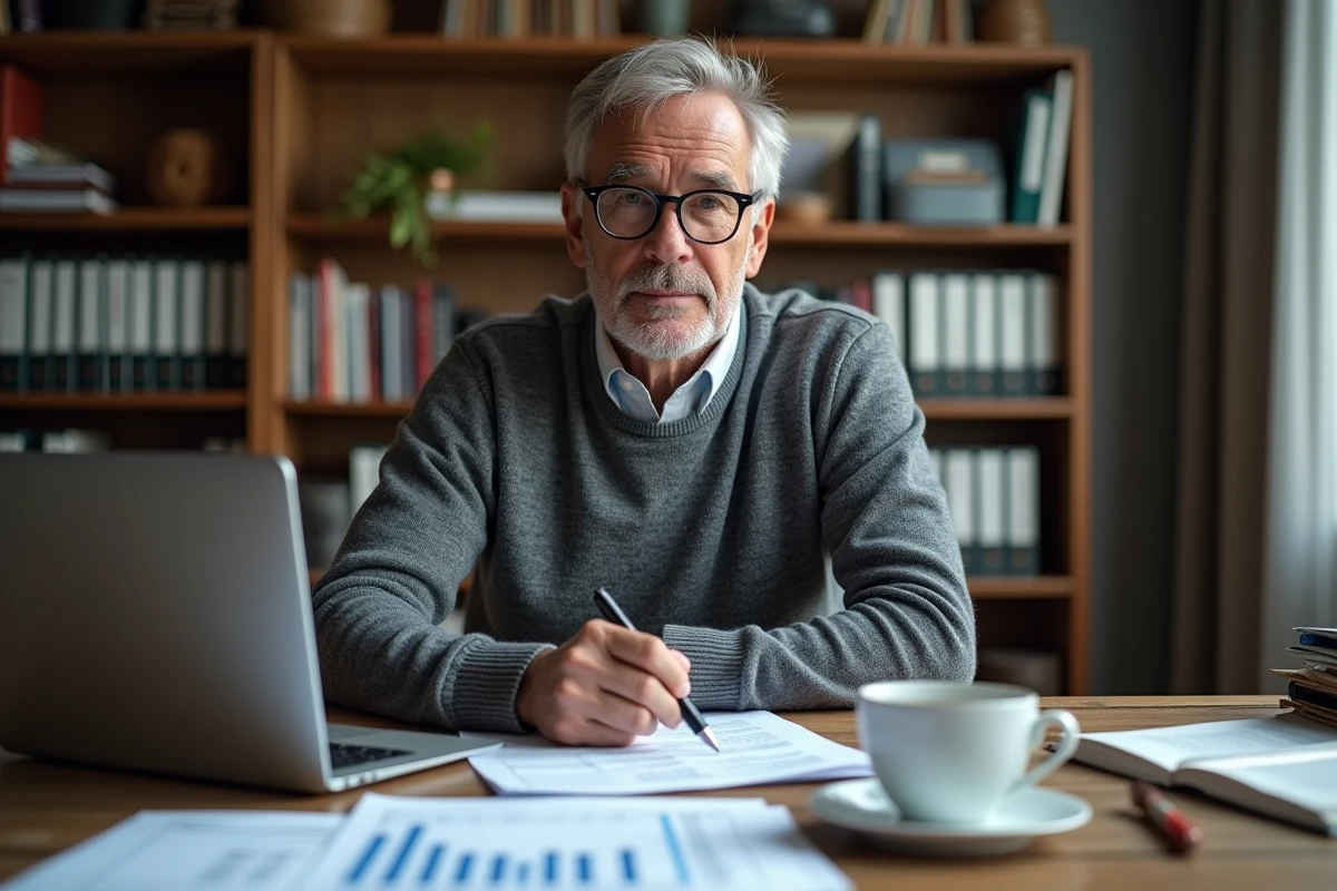 Homme mature analysant ses documents fiscaux et stratégies de défiscalisation dans son bureau à domicile