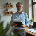 Homme d'âge moyen tenant un dossier de documents fiscaux dans son bureau