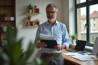 Homme d'âge moyen tenant un dossier de documents fiscaux dans son bureau
