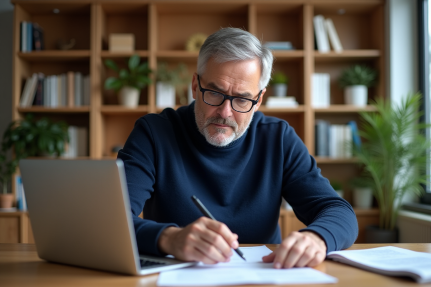 Homme d'âge moyen examinant des documents à la maison
