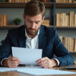 Homme d'une trentaine lisant un document dans un bureau moderne