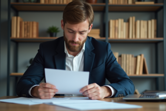 Homme d'une trentaine lisant un document dans un bureau moderne