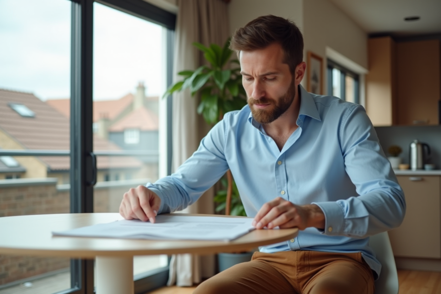Homme détendu lisant des documents immobiliers à la maison
