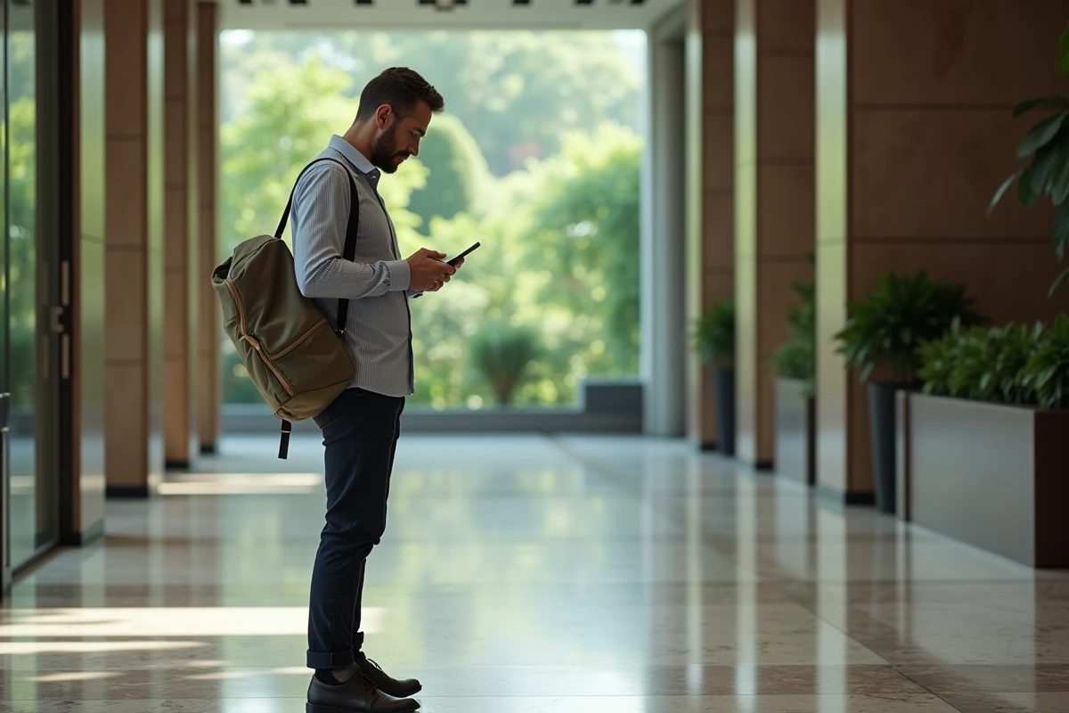 Homme européen vérifiant son smartphone dans le lobby d