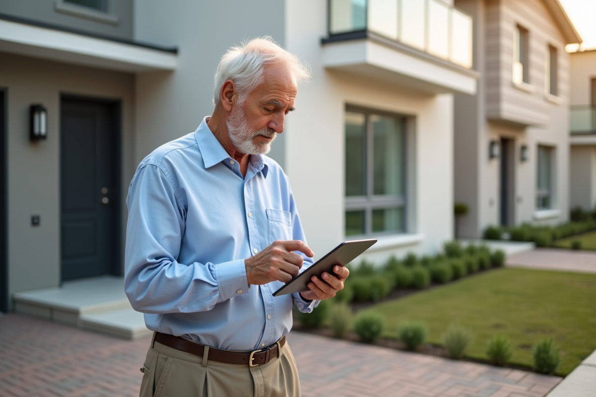 Homme âgé regardant annonces immobilières devant une maison neuve