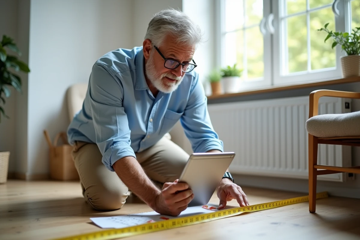 Homme mesurant une pièce avec un ruban dans un bureau lumineux
