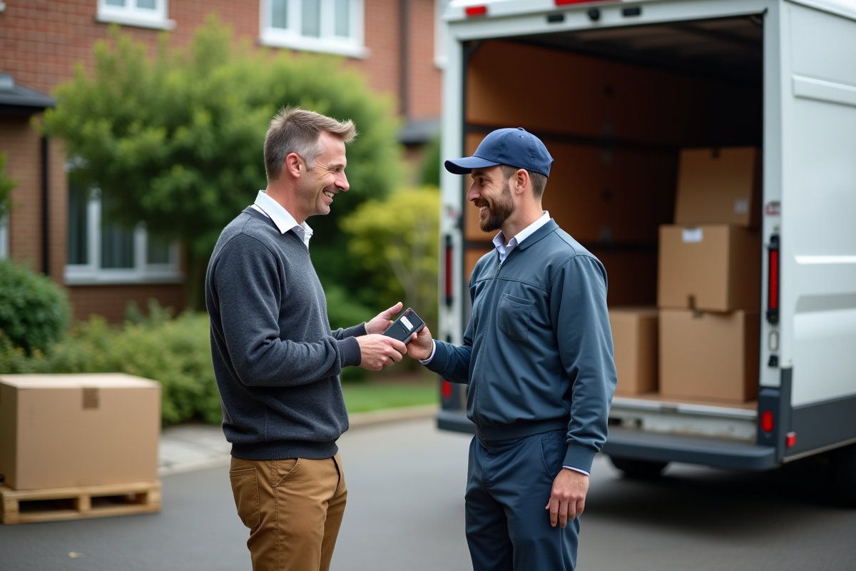 Homme remettant une carte contactless à un déménageur devant un camion