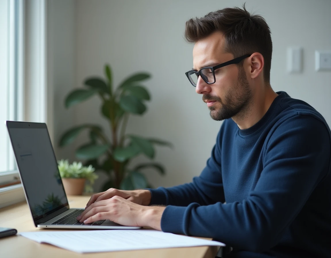 Homme en télétravail rédigeant une lettre officielle pour se désengager d'un contrat de garant sur son ordinateur portable à domicile