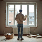 Homme examine plans de renovation dans un appartement en travaux