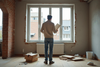 Homme examine plans de renovation dans un appartement en travaux