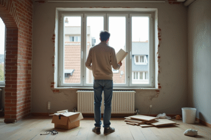 Homme examine plans de renovation dans un appartement en travaux