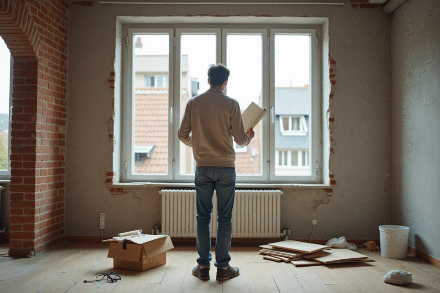Homme examine plans de renovation dans un appartement en travaux