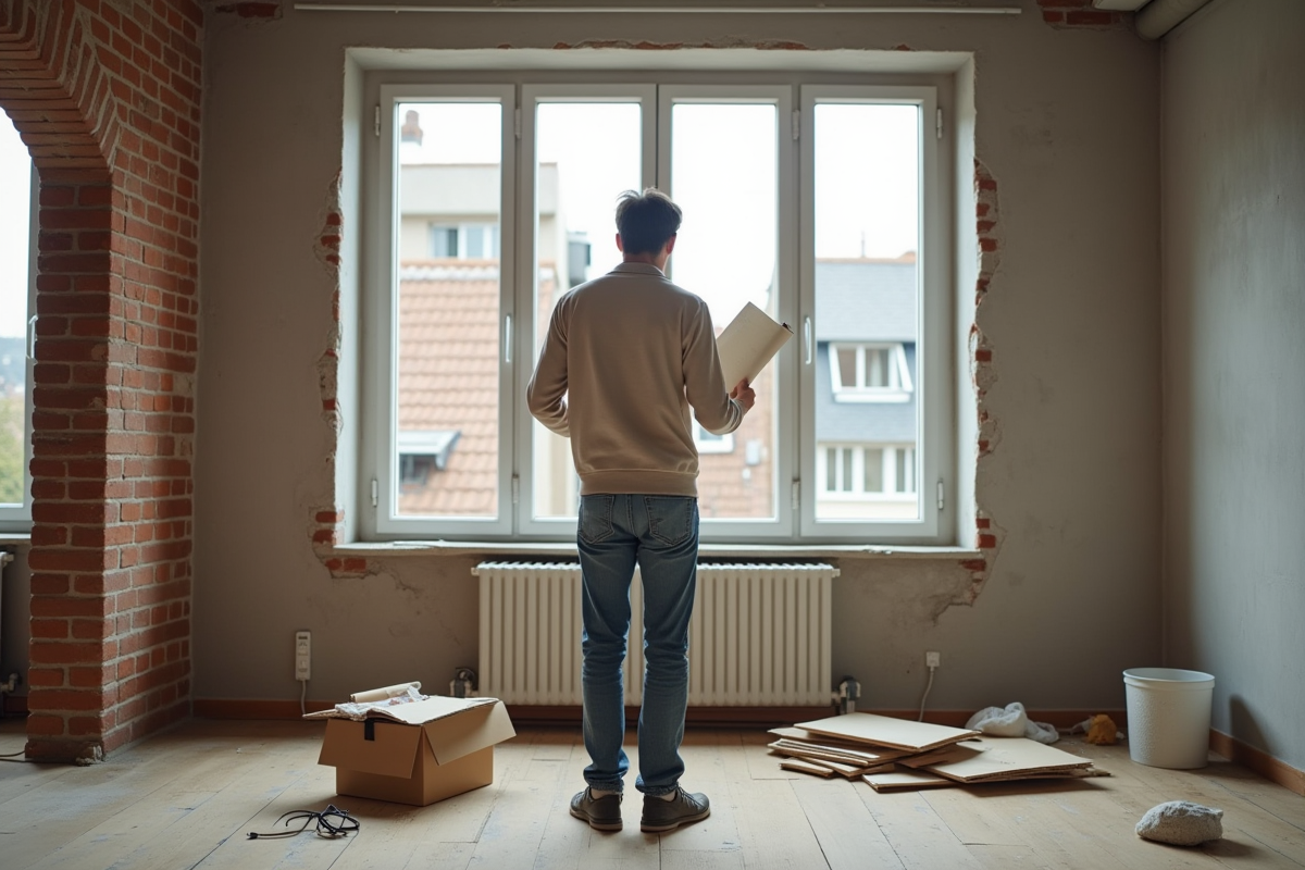 Homme examine plans de renovation dans un appartement en travaux