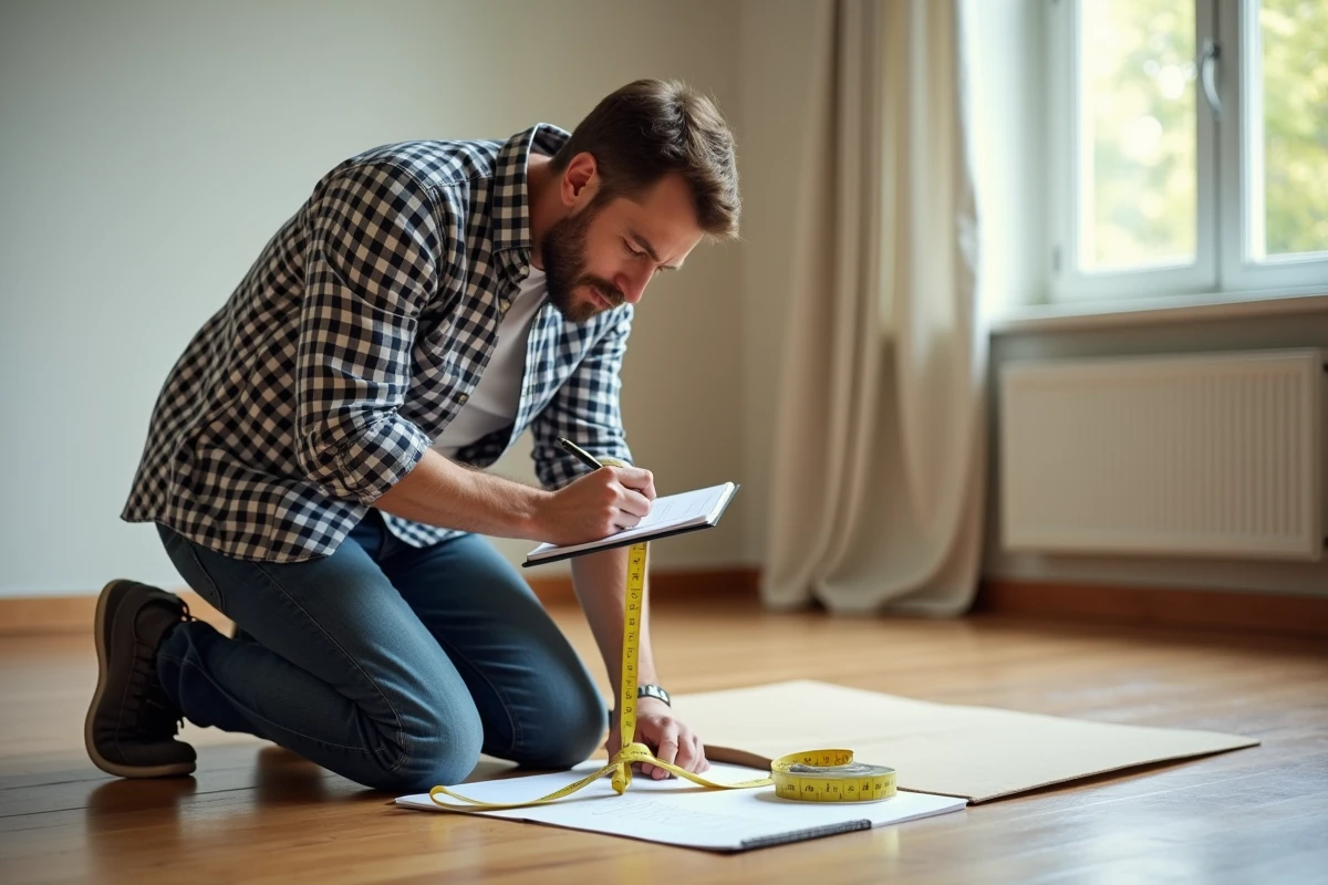 Homme mesurant une pièce dans un salon rénové