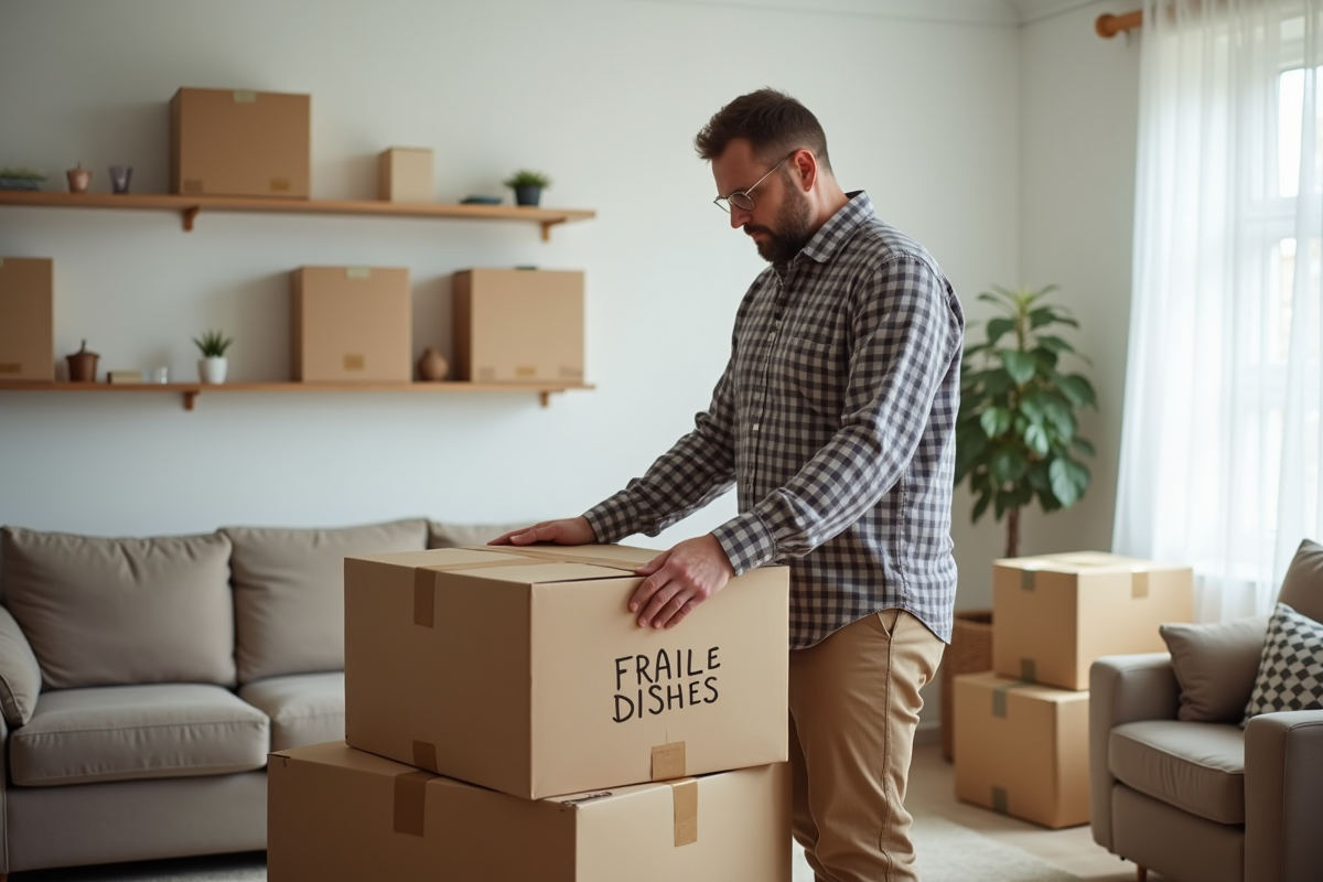 Homme scellant une boîte fragile dans un salon organisé