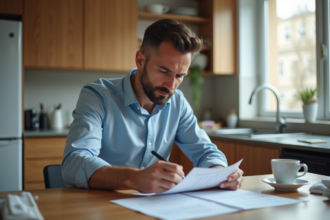 Homme signant un document de location dans la cuisine