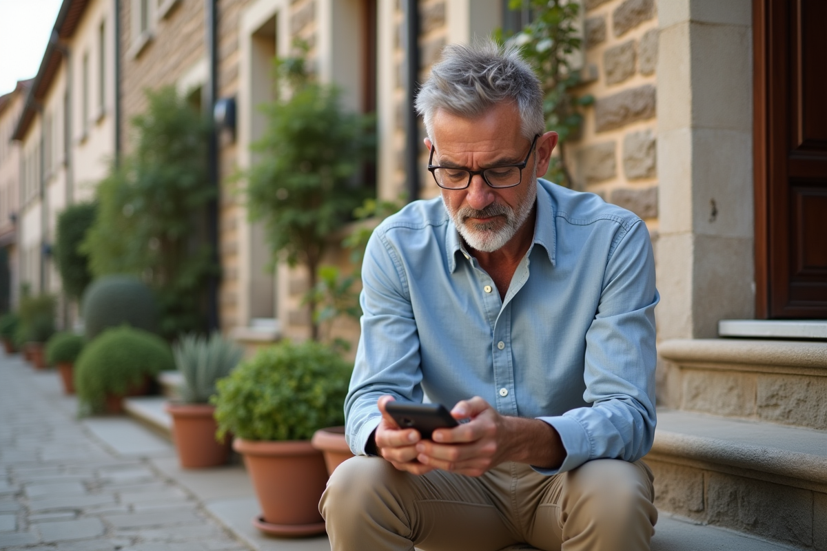 Homme assis sur une terrasse en pierre utilisant son téléphone