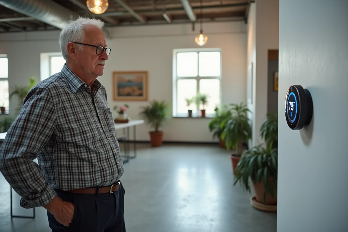 Homme âgé vérifiant un thermostat dans un loft lumineux