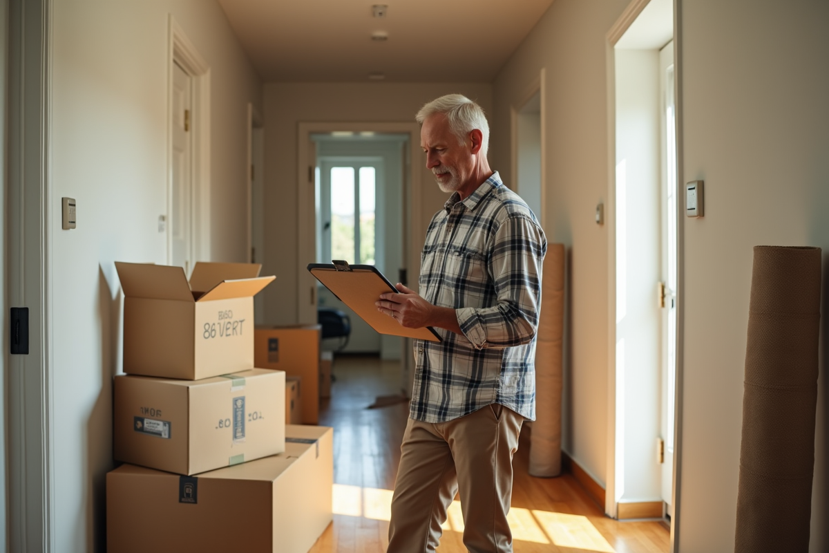 Homme vérifiant une liste de déménagement dans un couloir