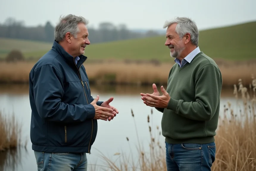 Deux hommes discutent paisiblement au bord d'un étang rural