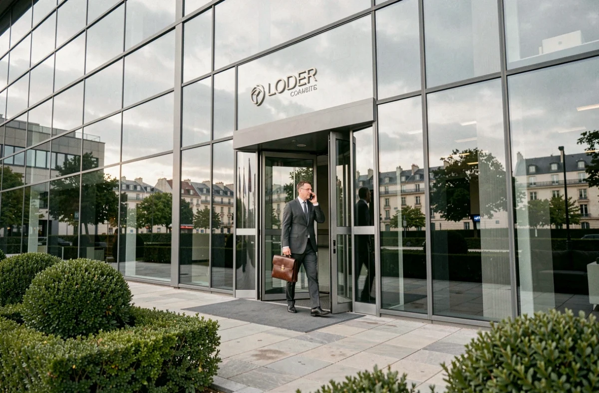 Siège social moderne d'Icade avec cadre dirigeant sortant des bureaux, illustrant la présence du groupe en Seine-Saint-Denis
